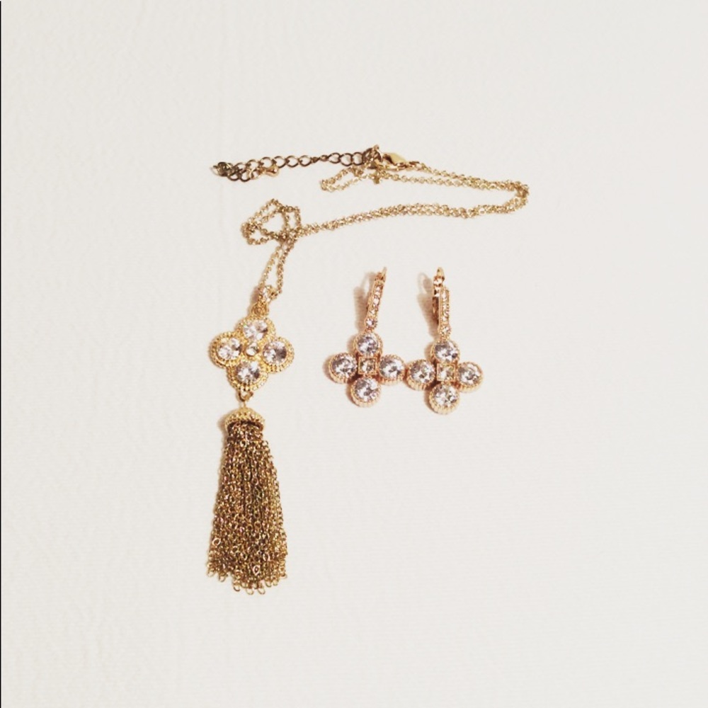 Greek Cross Tassel Necklace & Earrings w/Crystals